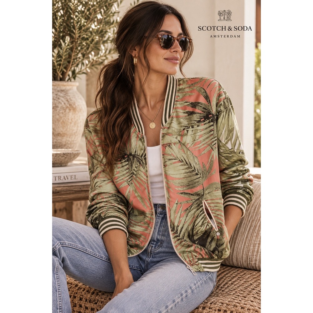 Maison Scotch & Soda Tropical Palm Print Bomber Jacket Green Coral Size 2